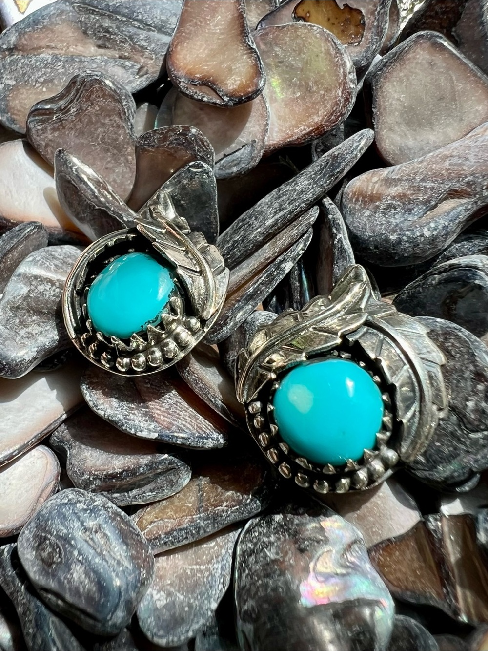Kingman Turquoise Sterling Silver Leaf Stud Earrings Post Back 925 - Picture 3 of 7